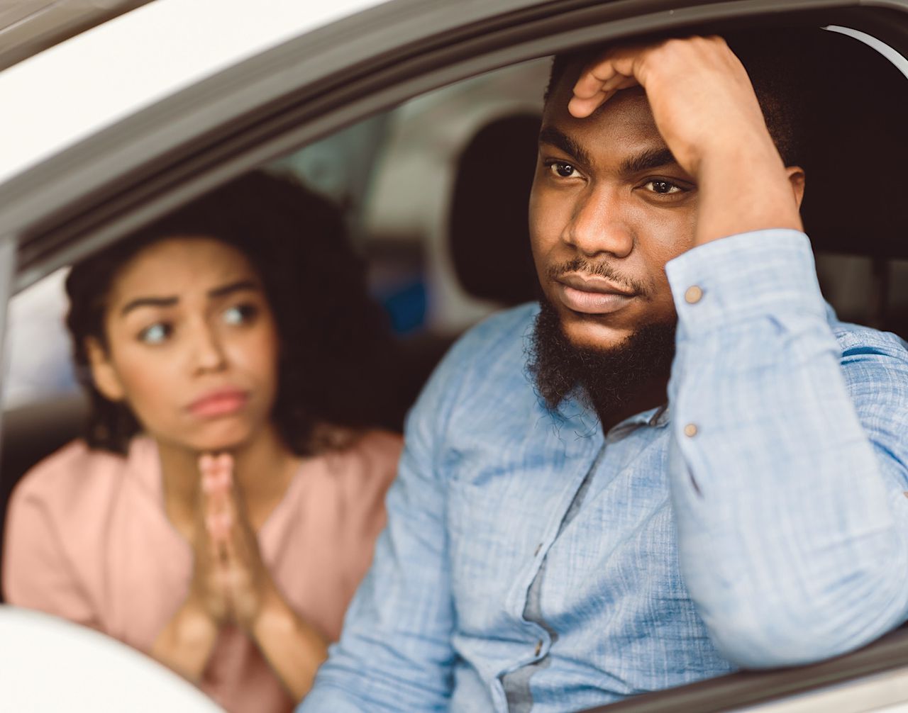 Wife Asking Husband To Buy Expensive Car Sitting In Auto by Prostock-studio